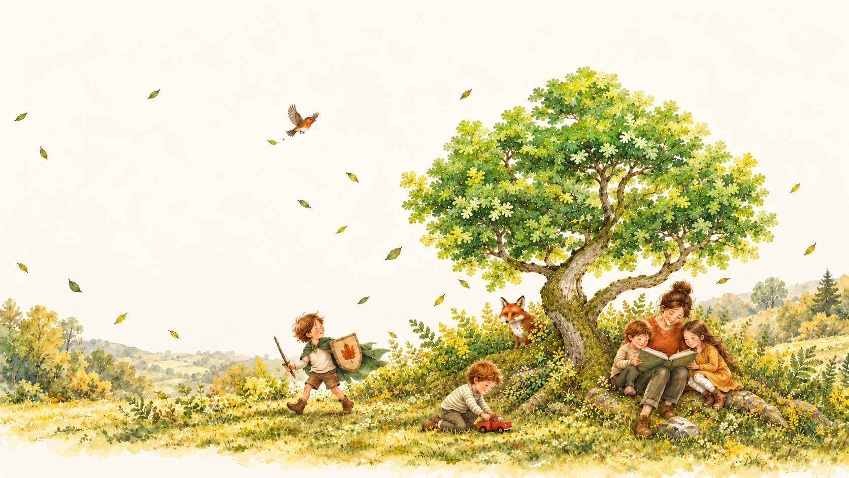 Una piccola quercia di Sherwood, dalle proporzioni del logo, cresce tra le storie e i giochi: tra i suoi rami un pettirosso, alle radici una famiglia legge e i bambini giocano.